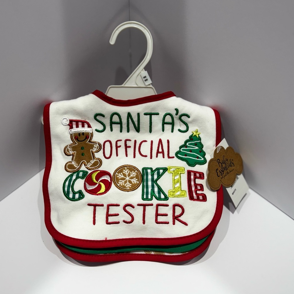 NWT Baby Essentials Holiday Bib Set – “Santa’s Official Cookie Tester” – 3-Pack